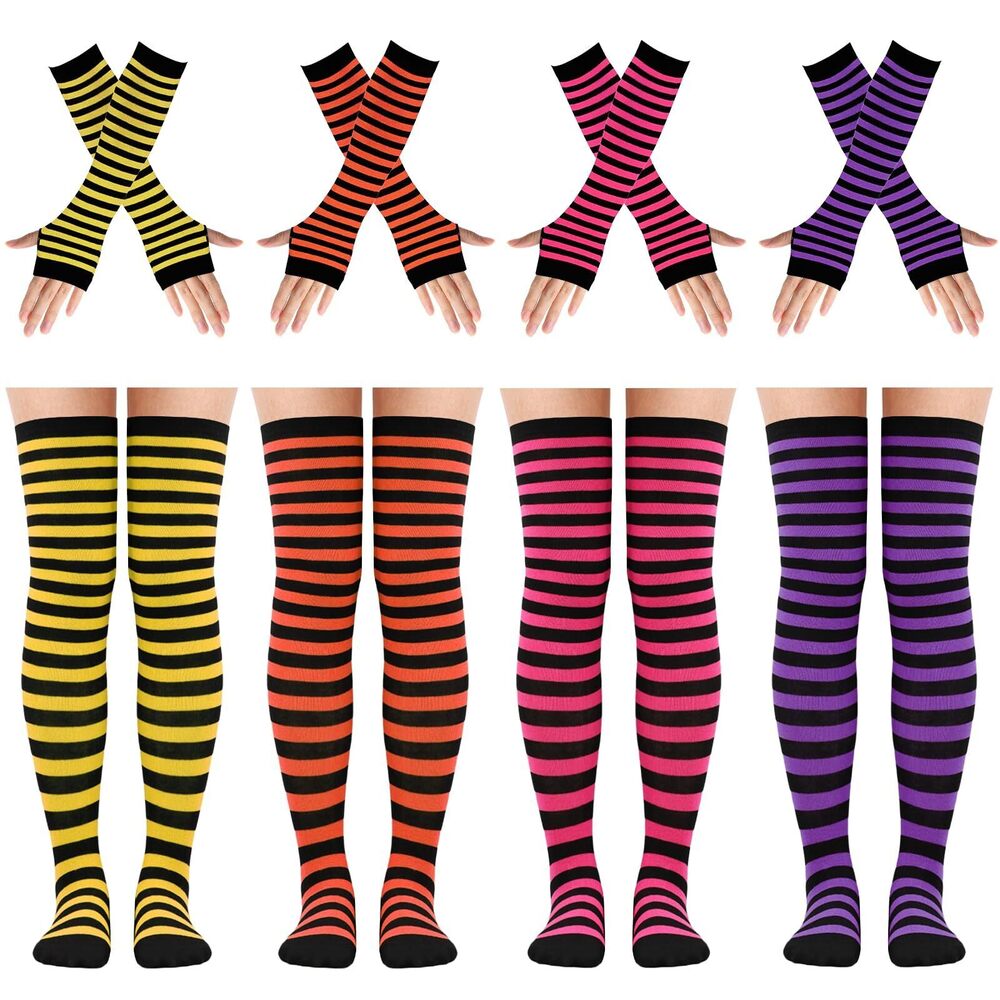 5555 4 Sets Striped Thigh High Socks Leg Warmers Long Knitted Arm Warmers,Knee